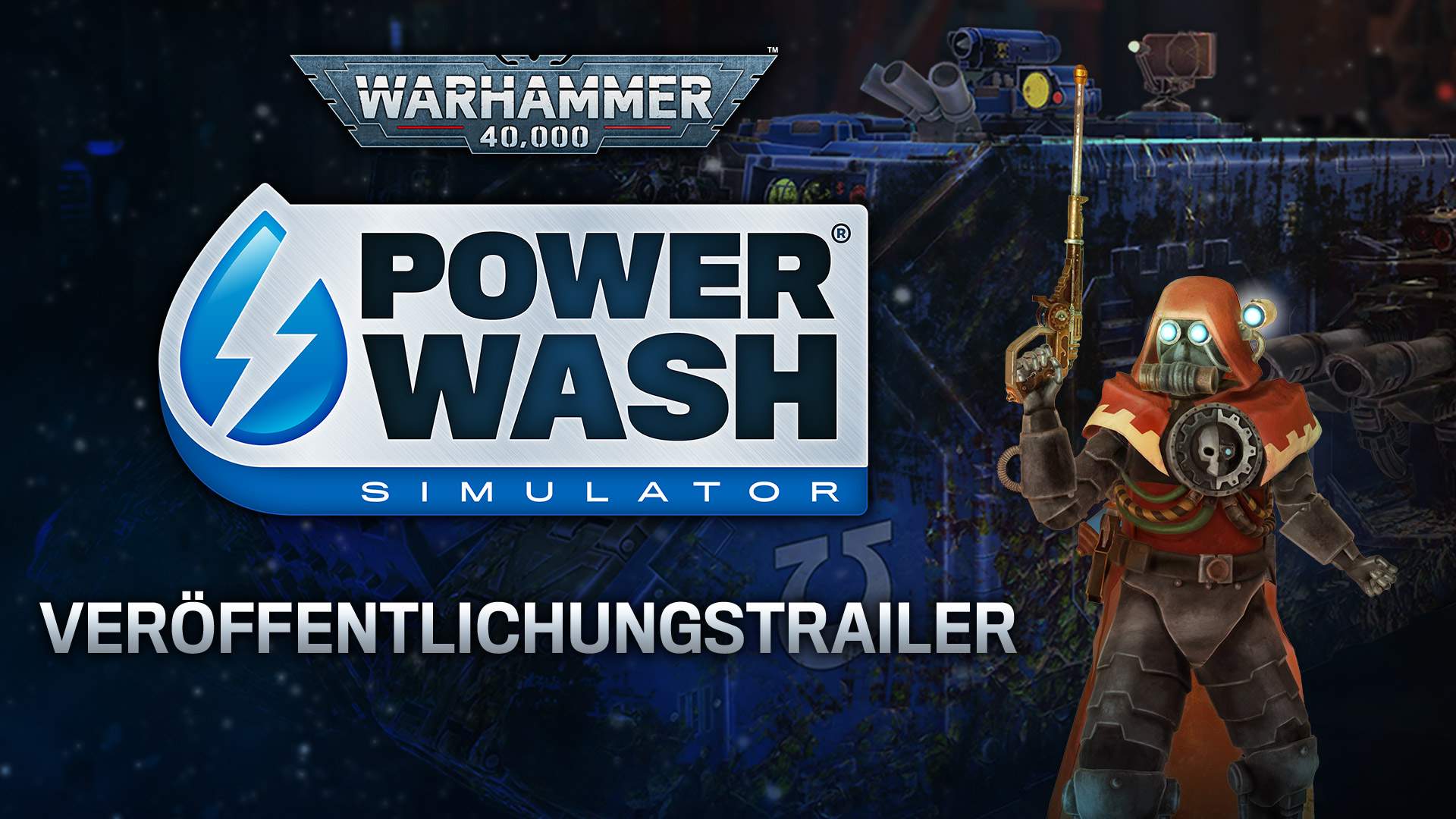 Ein Bild, das die Logos von Warhammer 40.000 und PowerWash Simulator zeigt.