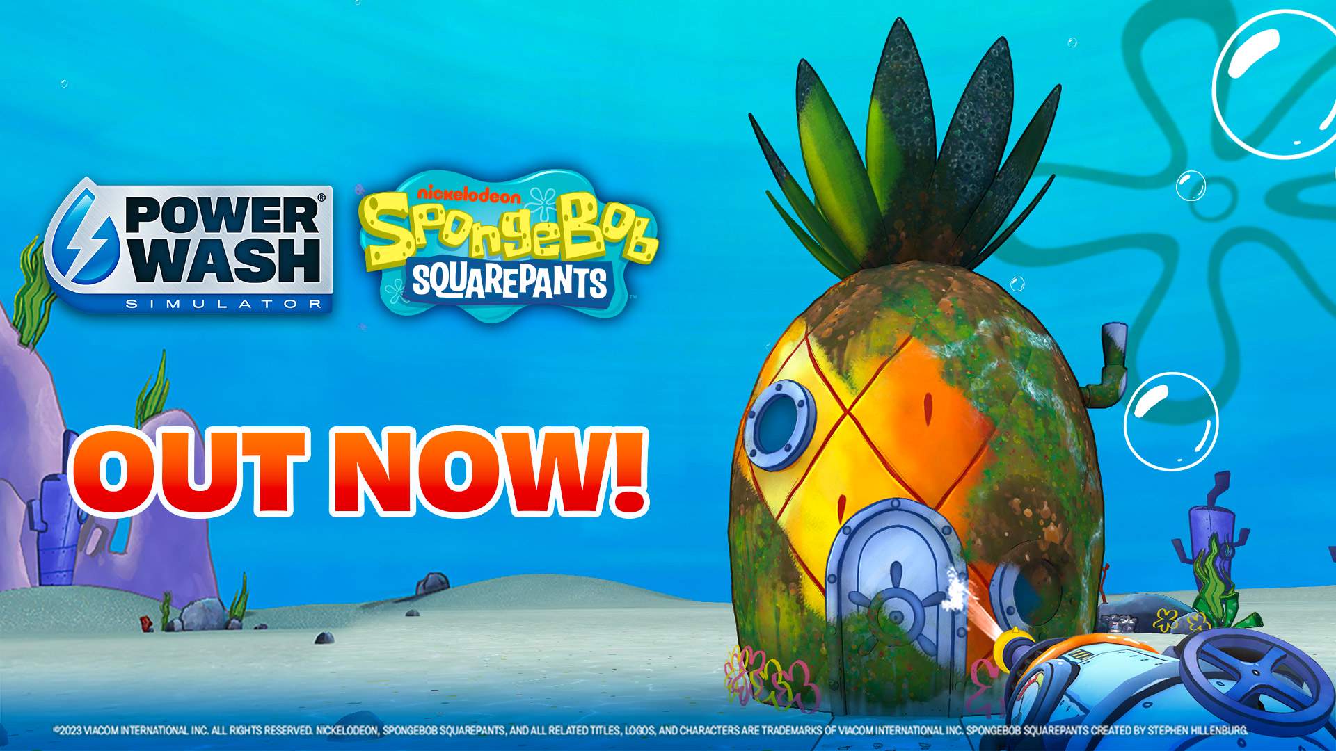 A pineapple-shaped house under the sea, with text saying ‘out now’