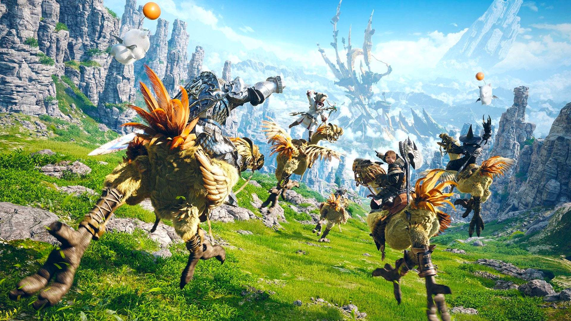 Des personnages descendant une colline à dos de chocobo.