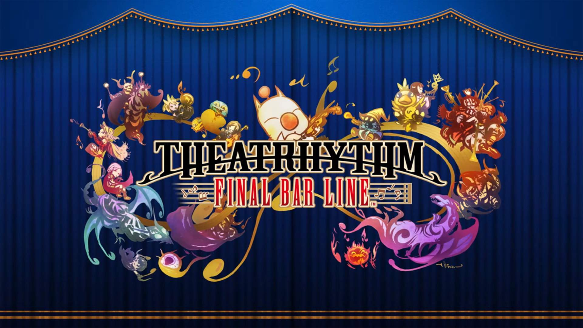 Le logo du jeu devant un rideau bleu et or, entouré de notes de musique et de chibis du jeu