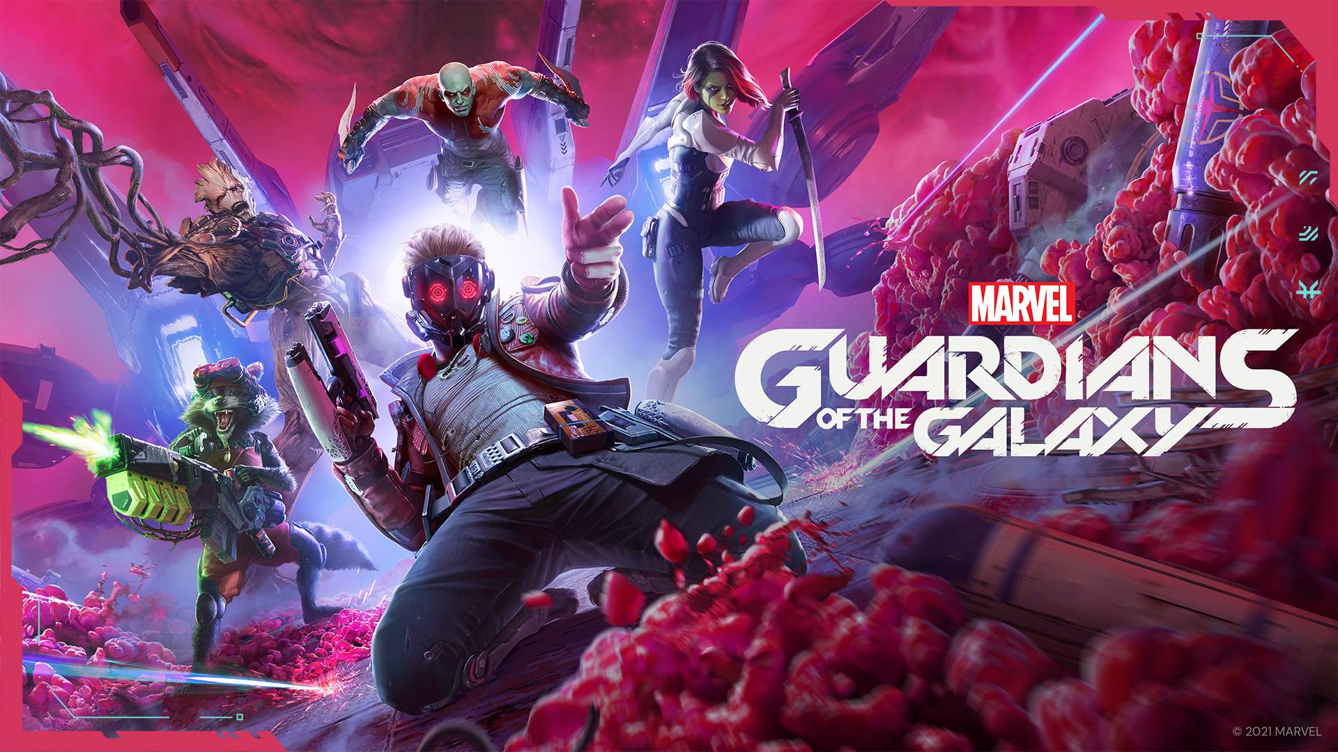 Star-Lord sliding on his knees with Rocket, Groot, Drax, & Gamora leaping forward.