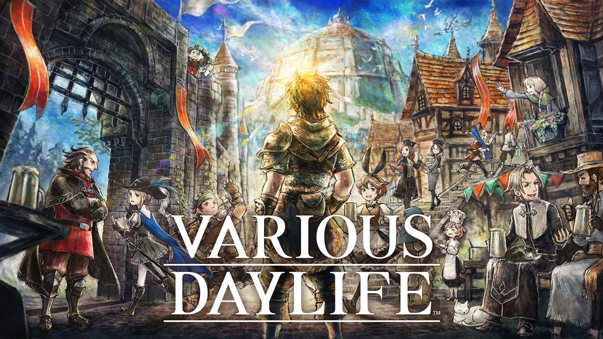 VARIOUS DAYLIFE keyart showing the protagonist standing in the center of a busy town.