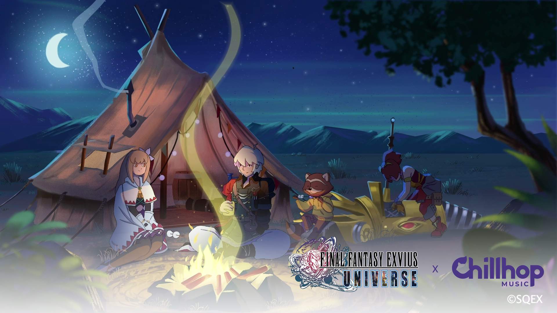 Fina, Rain, and Lid from FINAL FANTASY BRAVE EXVIUS sit at campfire with The Chillhop Music Raccoon