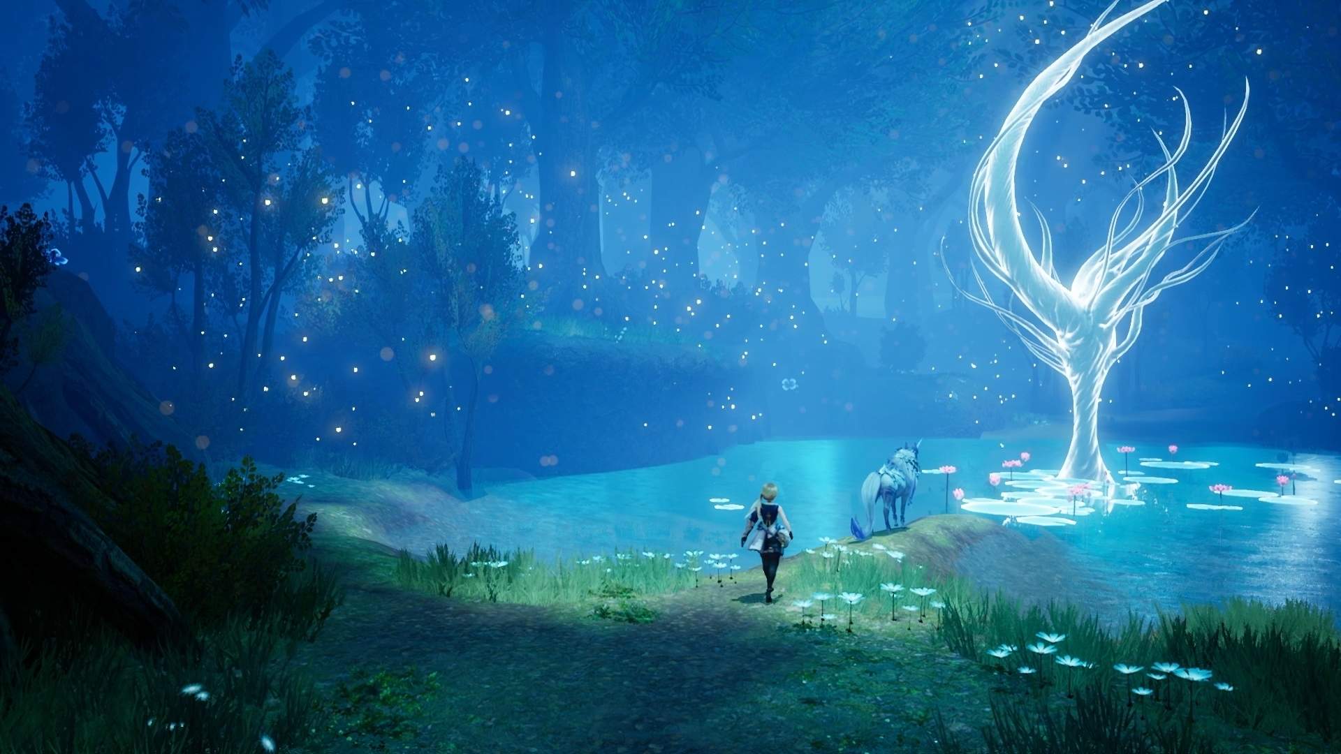Der Hauptcharakter steht mit einem Einhorn bei Nacht an einem See im Wald.
