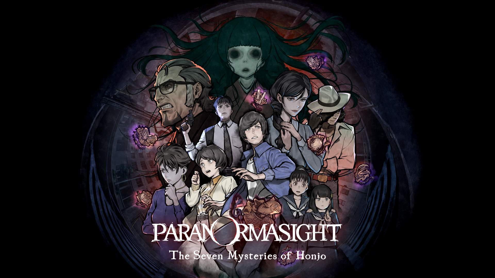 Multiple characters overlooked by a haunting, young ghost girl 'with the PARANORMASIGHT logo'.