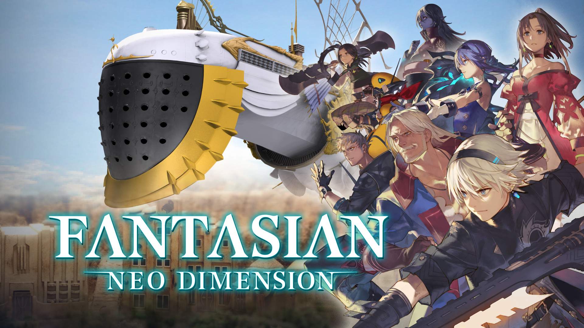 The cast of FANTASIAN Neo Dimension looking to the left, with the UZRA airship in the background.