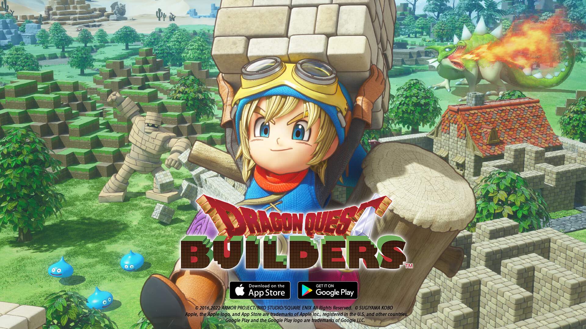 DRAGON QUEST BUILDERS Mobile Bildrick carrying block with slimes and green dragon