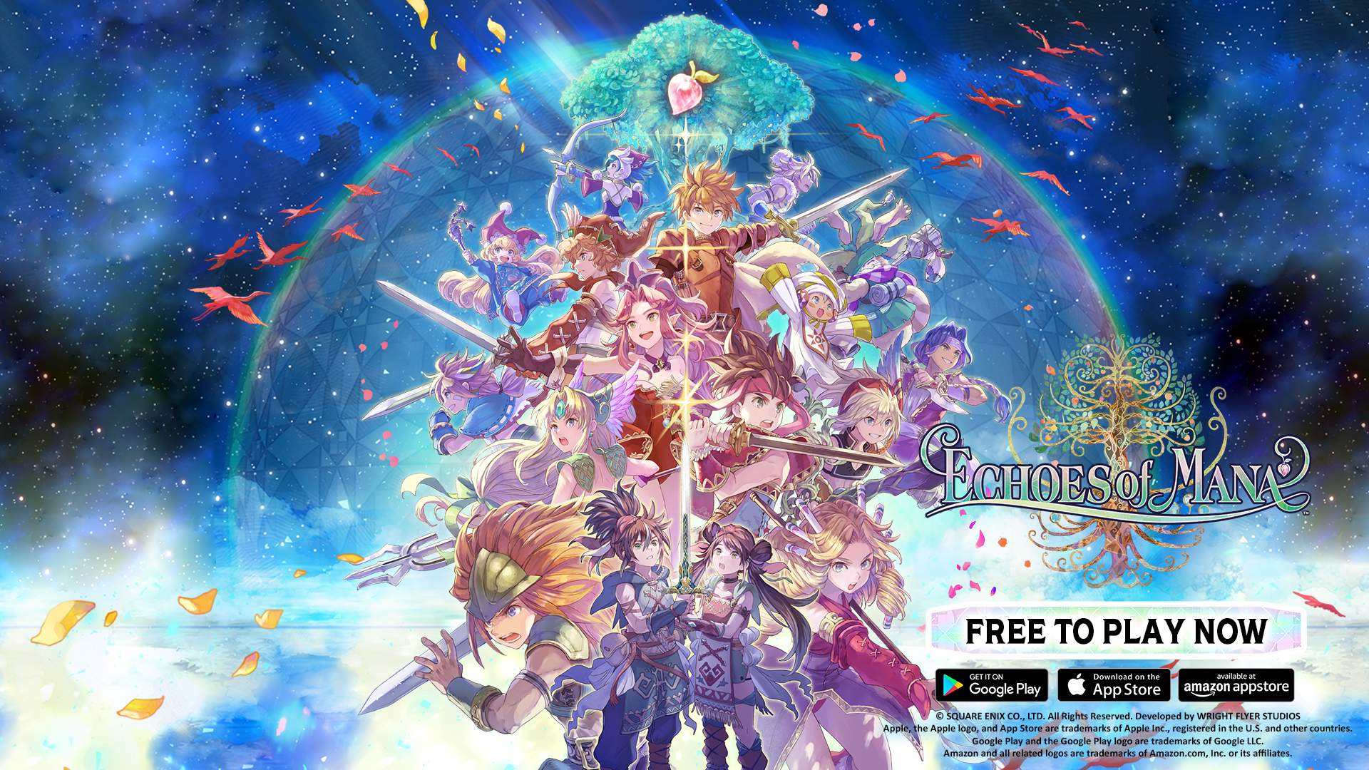 Mana series characters gather around the Mana tree for the launch of Echoes of Mana