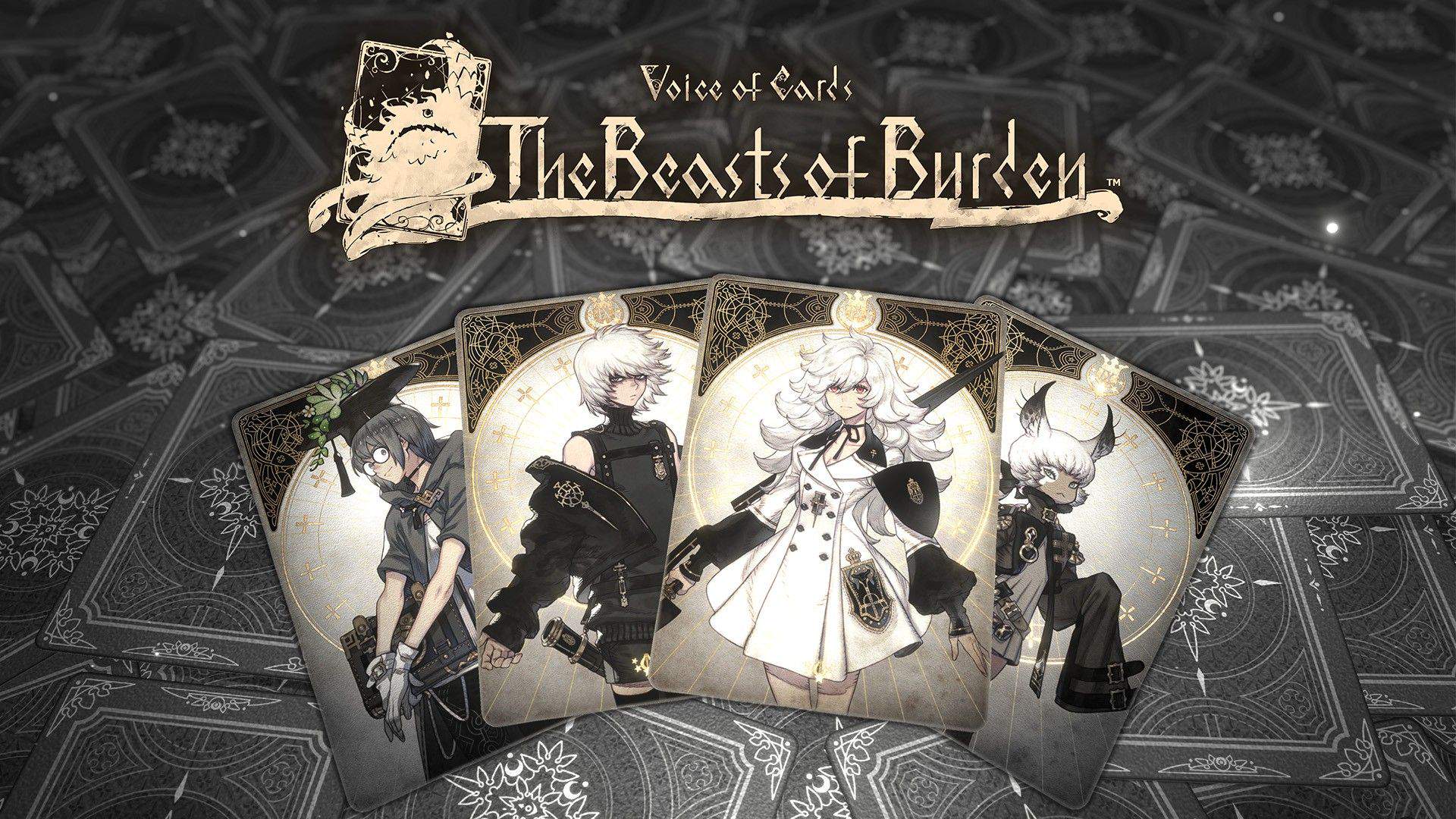 Illustration de Voice of Cards représentant les 4 cartes des protagonistes sur fond de cartes.