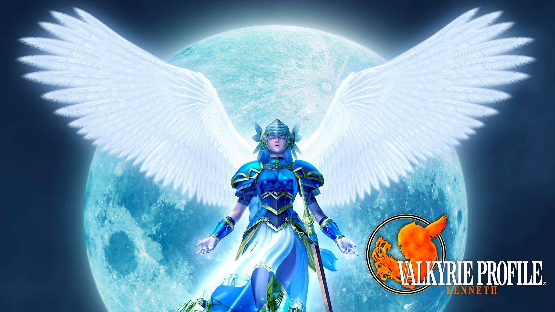 Woman warrior with white wings in front of the moon and game logo