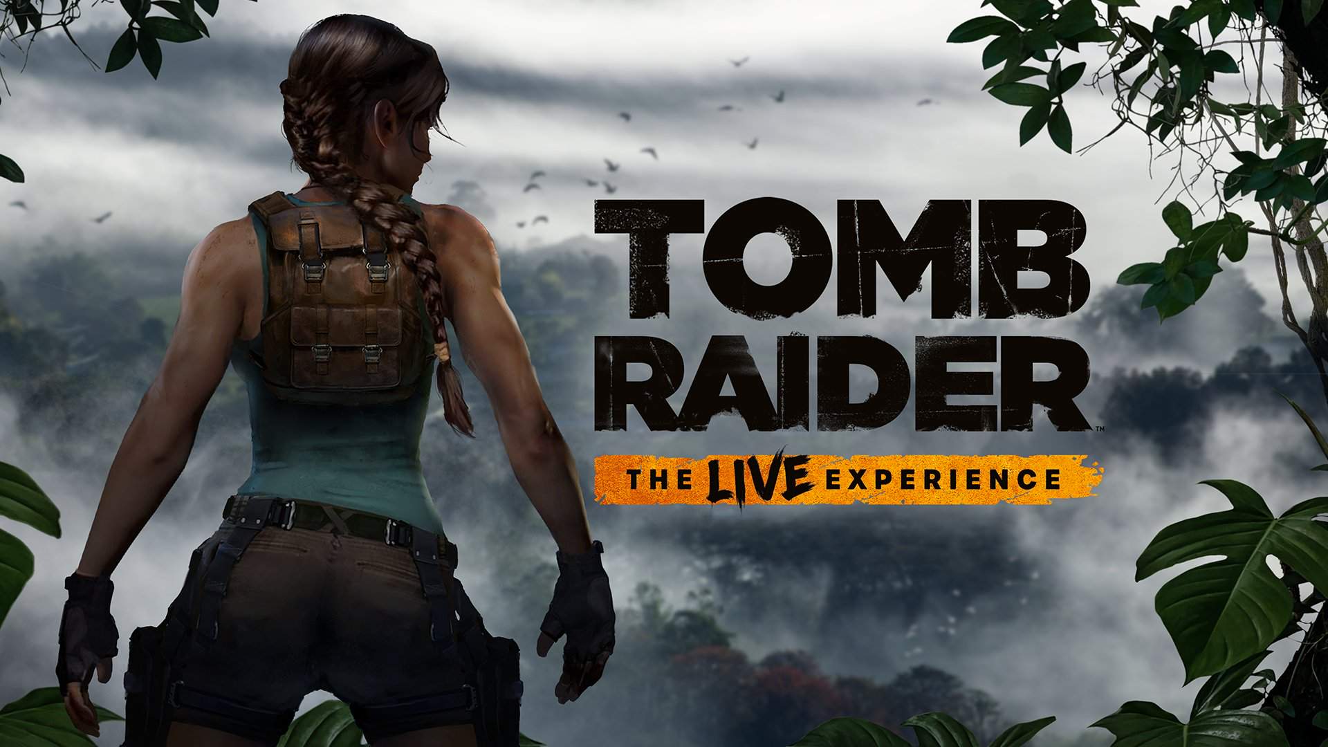 Lara Croft blickt auf ihr nächstes Abenteuer, das Tomb Raider: The Live Experience-Logo neben ihr.