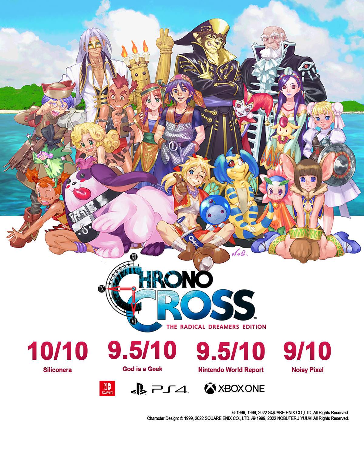 Chrono Cross artwork showing characters together, with the game logo and review scores underneath
