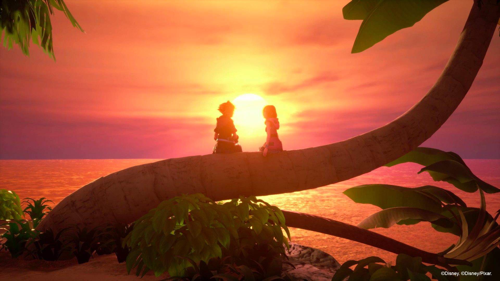 Sora et Kairi sur fond de soleil couchant