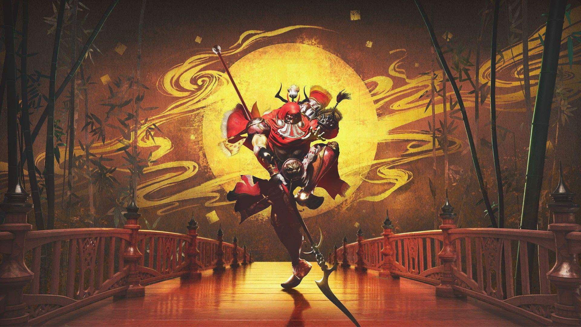 Ein geheimnisvoller roter Krieger mit einem Speer tanzt auf einer Brücke.