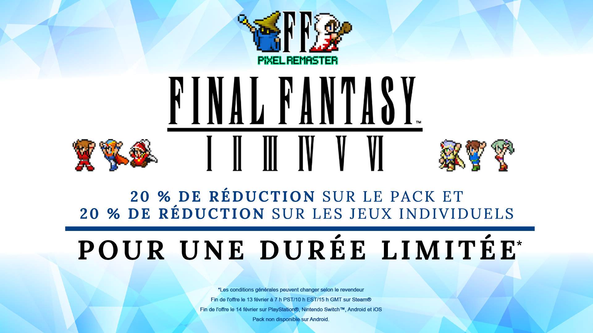 Logo de Final Fantasy Pixel Remaster accompagné de personnages pixellisés. 