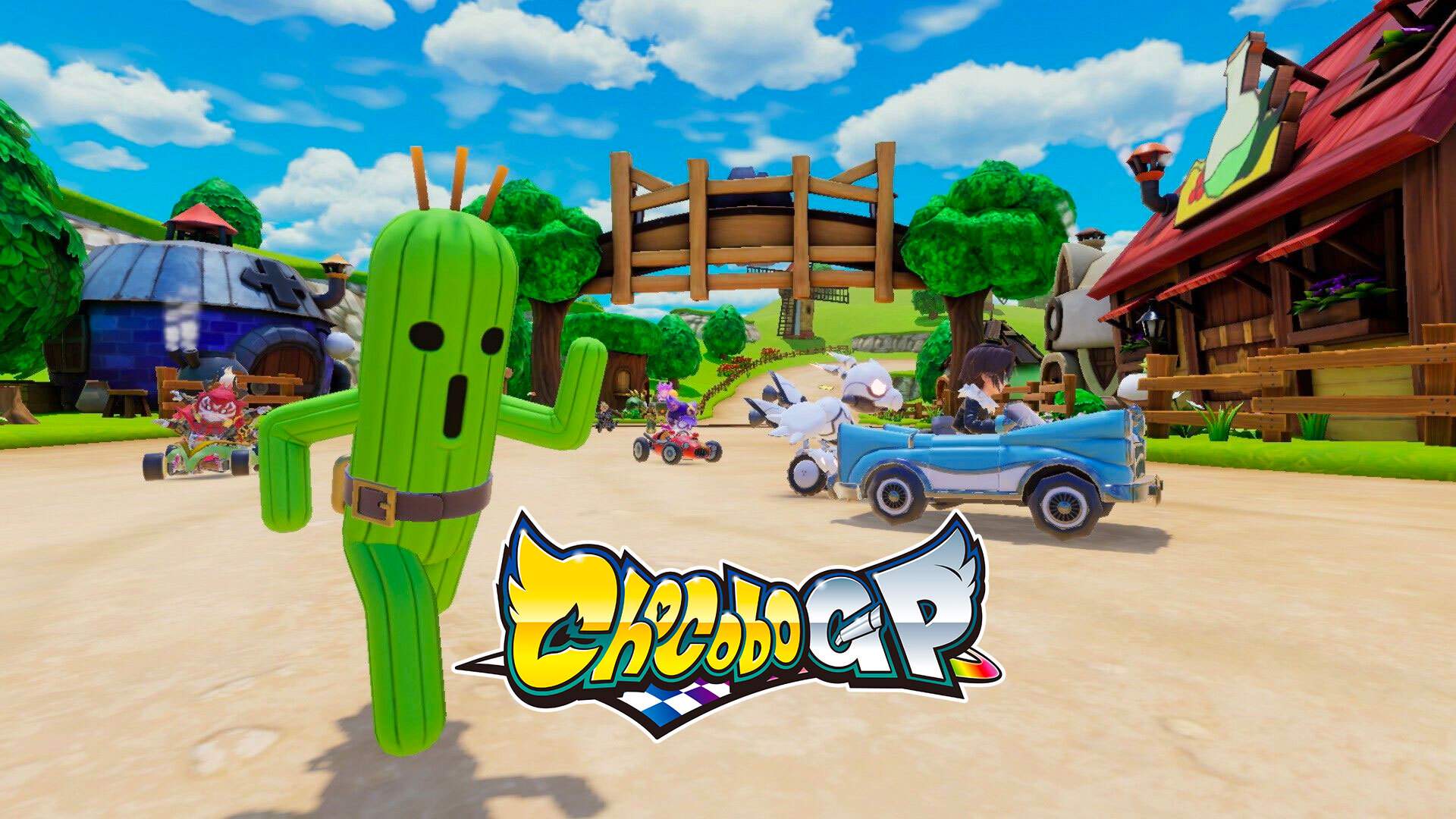 Cactuar, an anthropomorphic cactus, is walking on a racetrack with karts in the background.