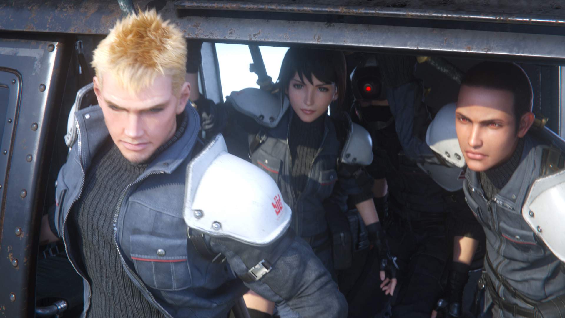 Three SOLDIER candidates lean out of a SHINRA helicopter, ready to jump out