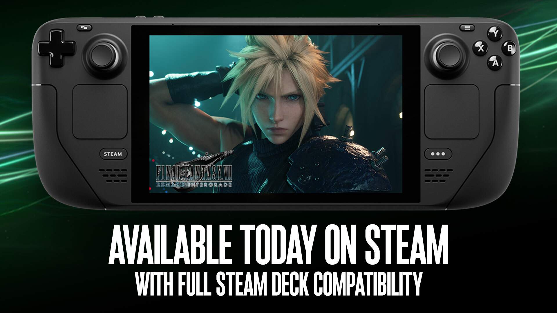 Picture of Steam Deck with Cloud Strife on the screen with AVAILABLE TODAY message.