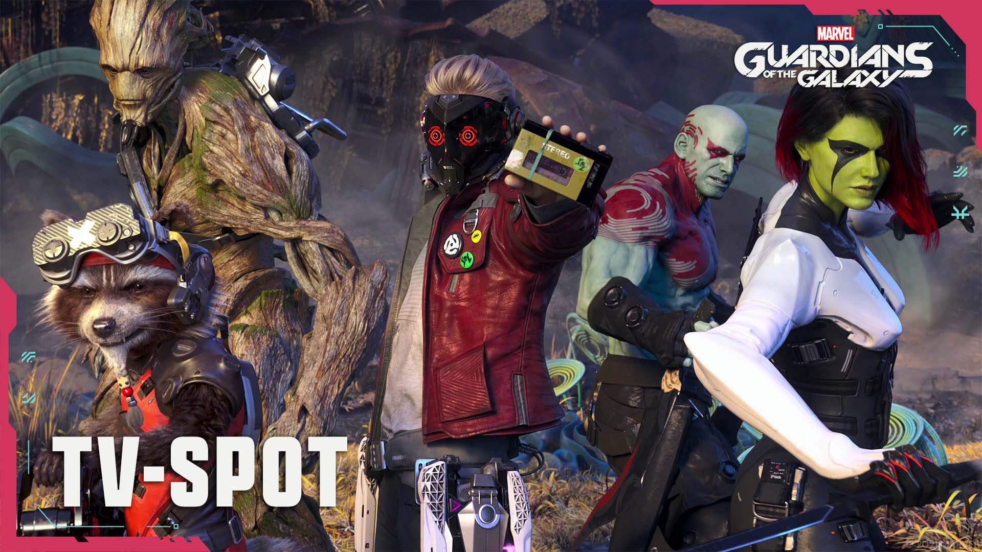 The Guardians of the Galaxy standing, ready for action. Star-Lord brandishing his cassette player.