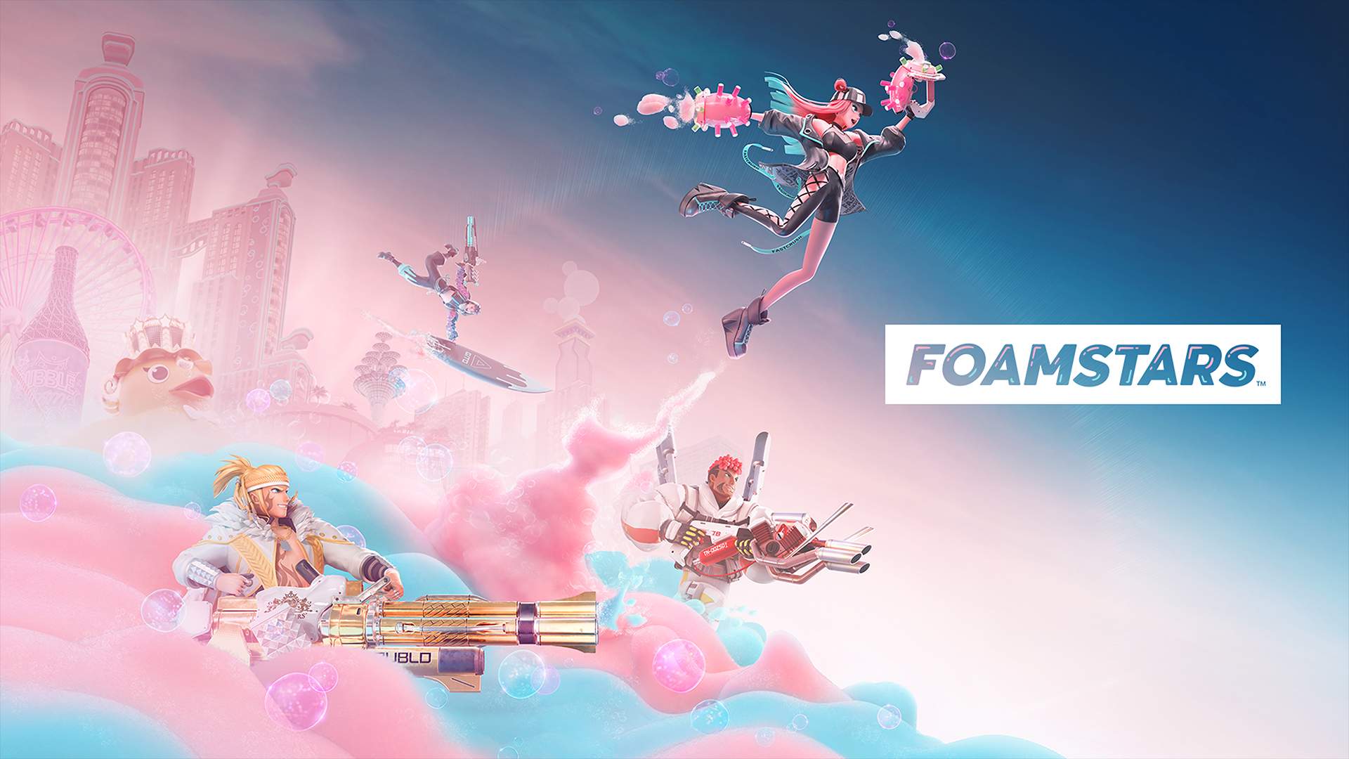 Vor einem Stadtbild mit dem FOAMSTARS-Logo steigen 4 Charaktere aus pinkem und blauem Schaum auf.