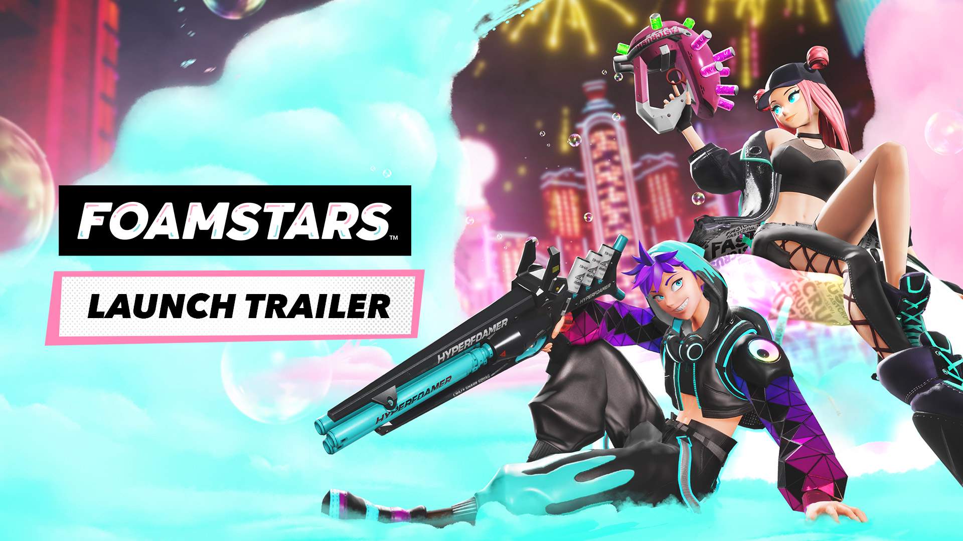 FOAMSTARS ΔGITO and Soa are sat holding their foam guns surrounded by piles of blue and pink foam
