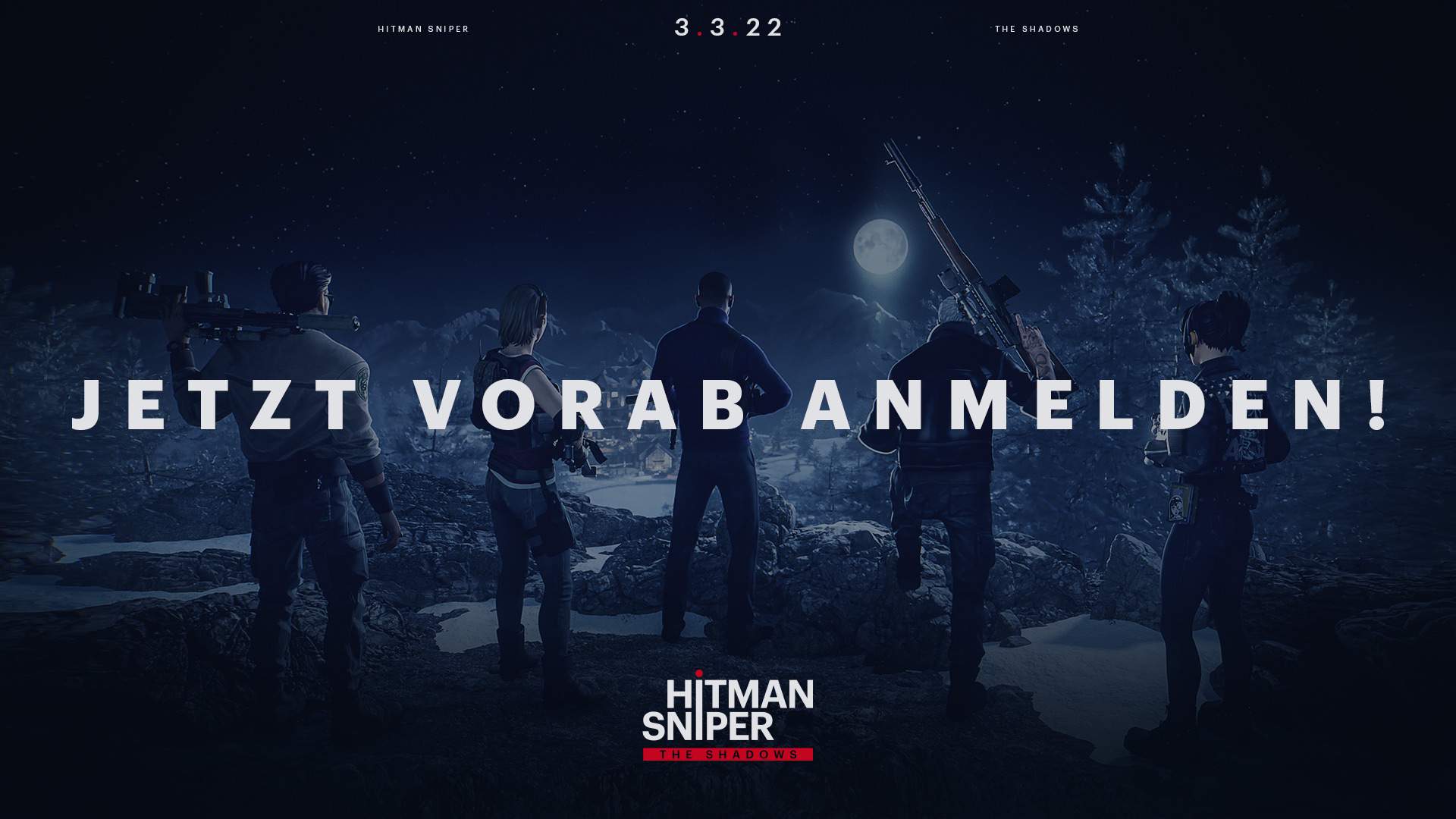 5 Agenten bewaffnet mit Gewehren betrachten aus der Ferne ihr Ziel.