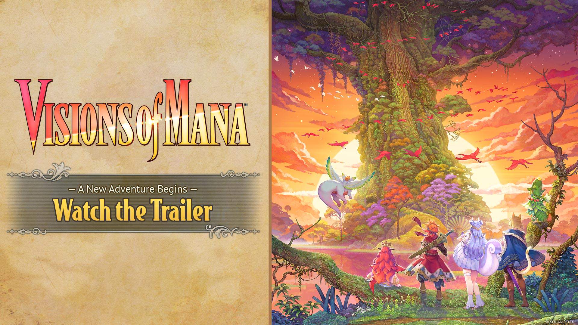Key art for Visions of Mana including the logo and "watch the trailer" text.