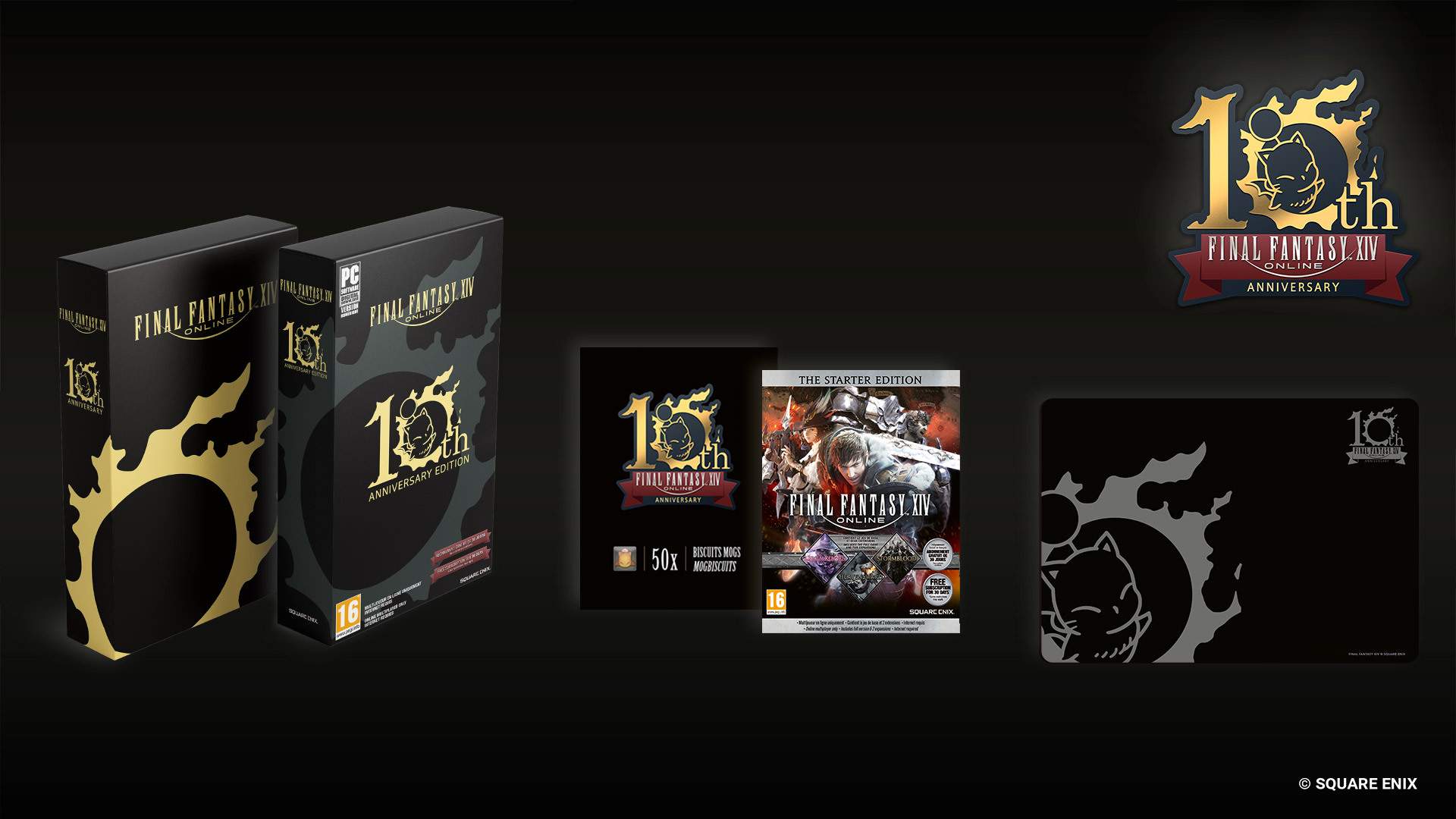 Image shows items in FF14 10th Anniversary Edition: mouse pad, art box, Starter Edition, ingame code