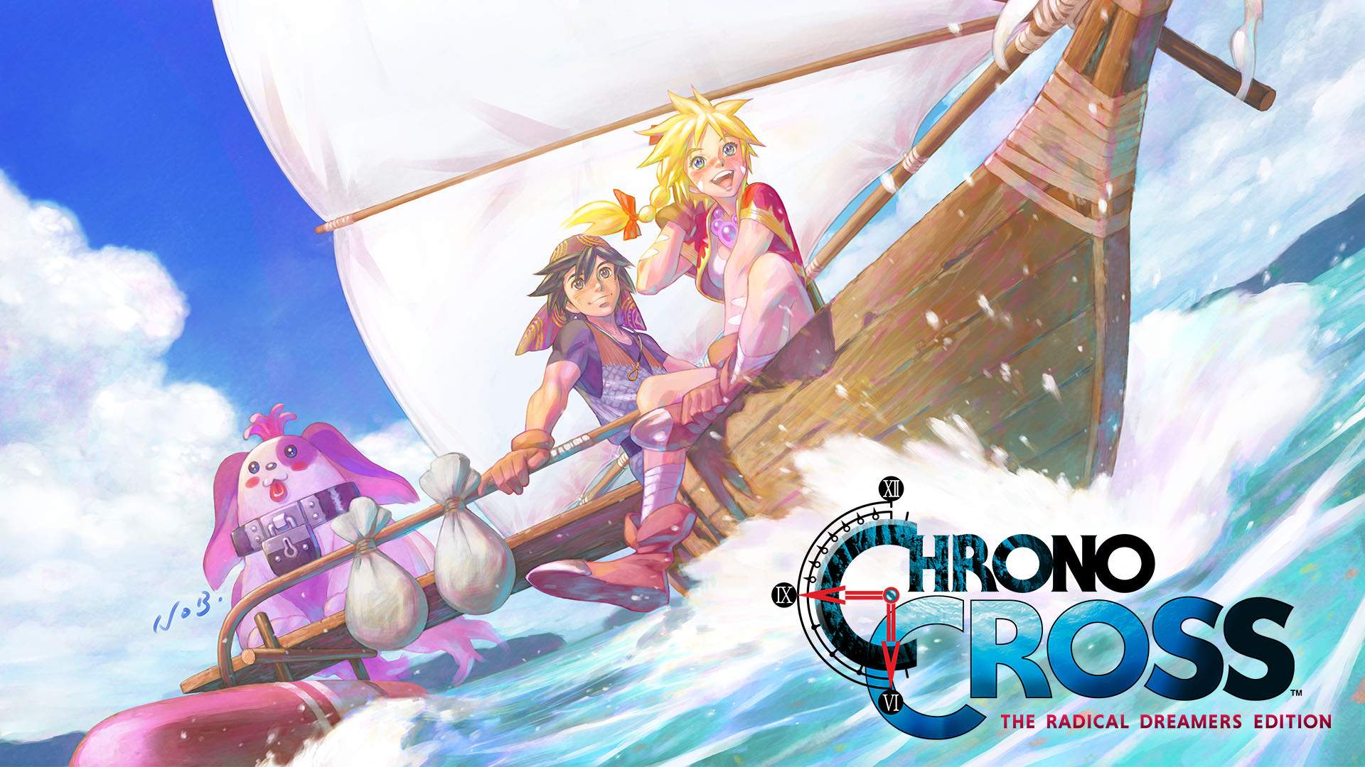 Image de CHRONO CROSS montrant Serge, Kid et Poshul sur un voilier par une journée ensoleillée.