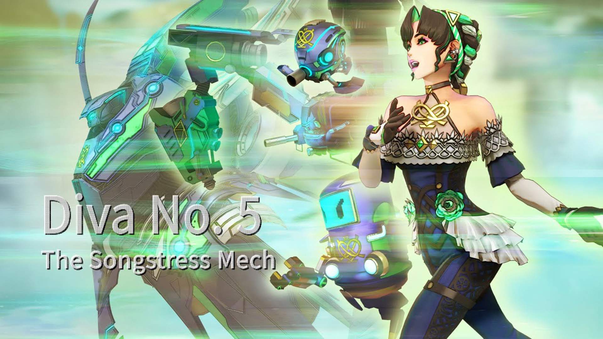 1 of the game’s protagonists Diva in her human & robot form & text "Diva No. 5 The Songstress Mech"