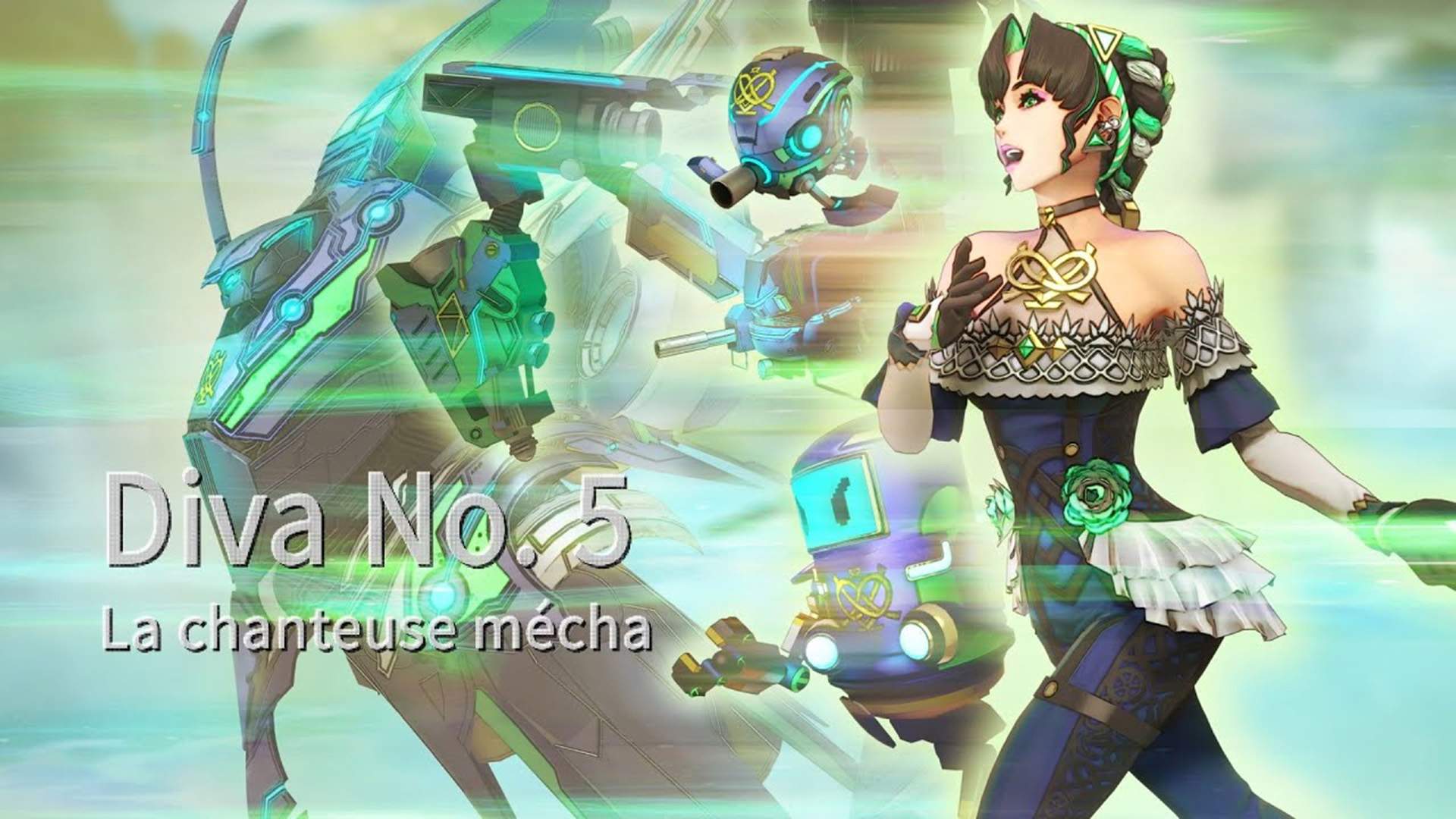 1 des personnages du jeu, Diva, sous ses formes humanoïde & robotique & texte « La chanteuse mécha »
