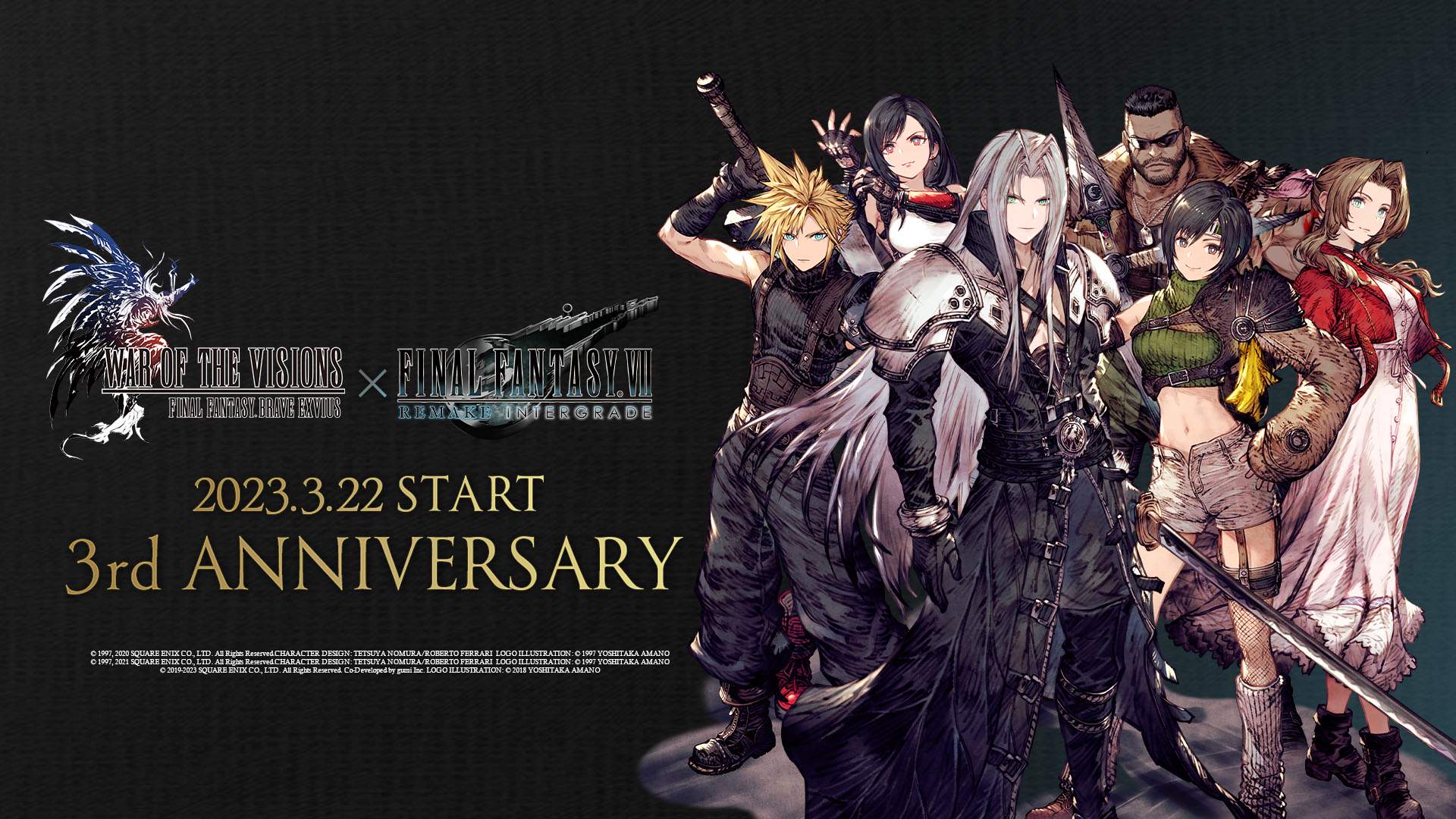 Characters from FF7 in WOTV FFBE line up to celebrate the 3rd anniversary