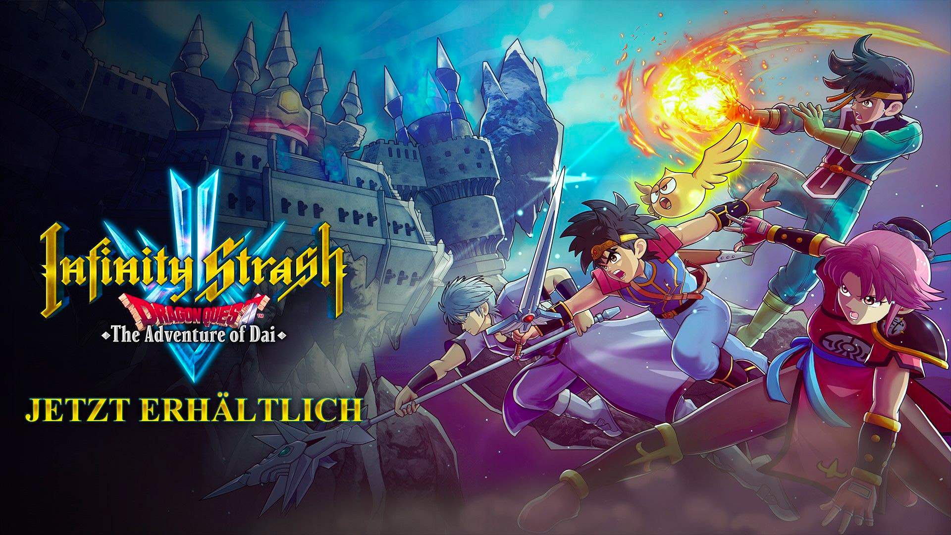Vier Anime-Figuren in dynamischen Kampfposen vor einer großen Burg als Gegner 