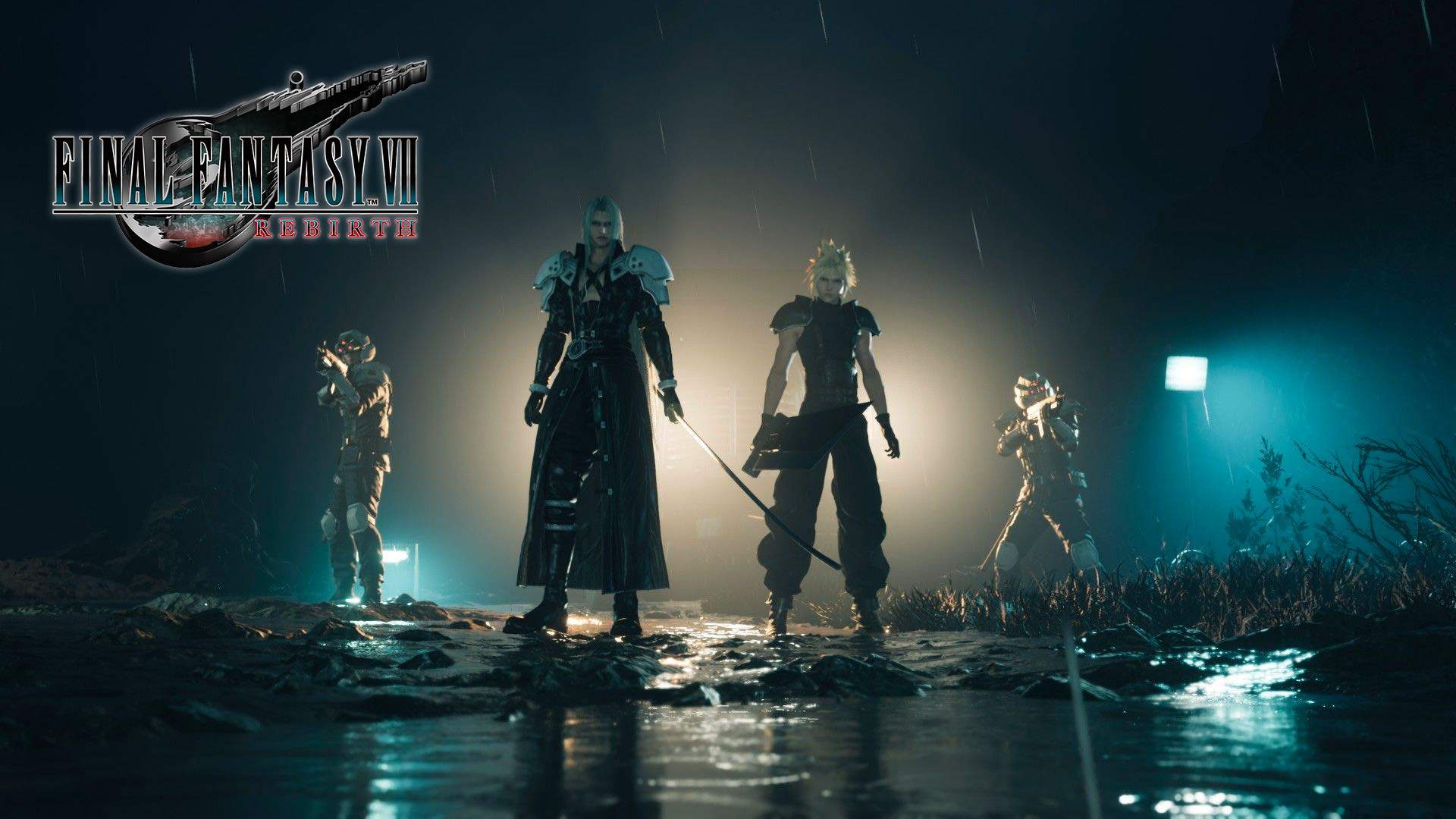 Sephiroth and Cloud standing in the center, while an accompanying soldier stands alongside both.