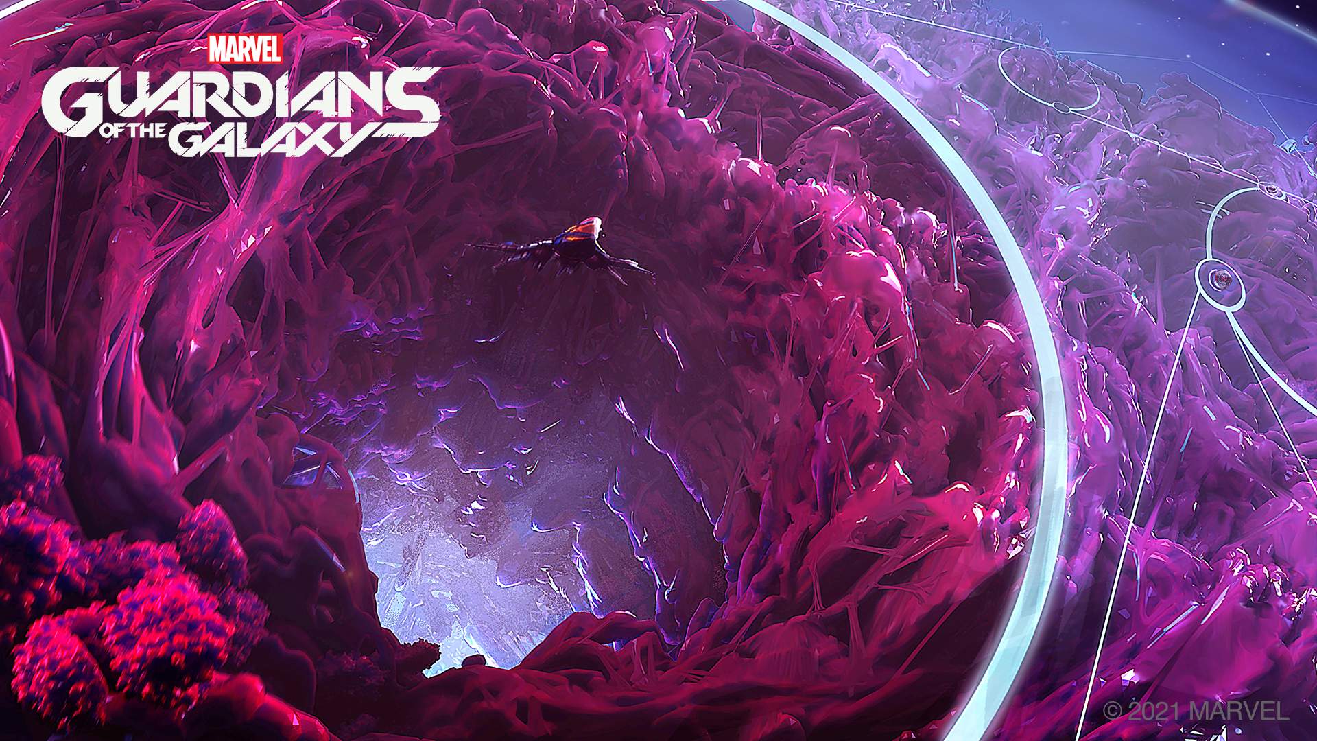 Out of space view of the Quarantine zone, a bright pink junkyard.