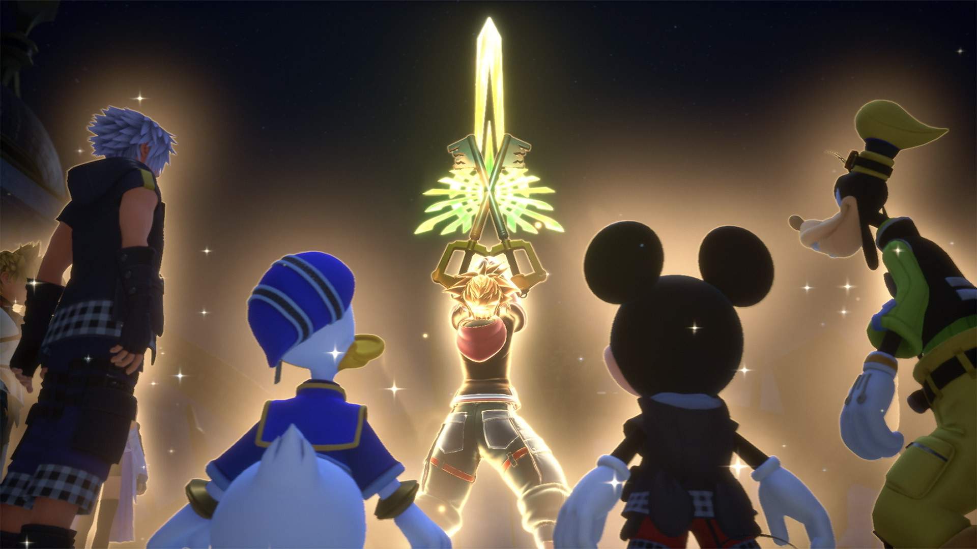 Sora is holding two golden keyblades while his team is watching. 