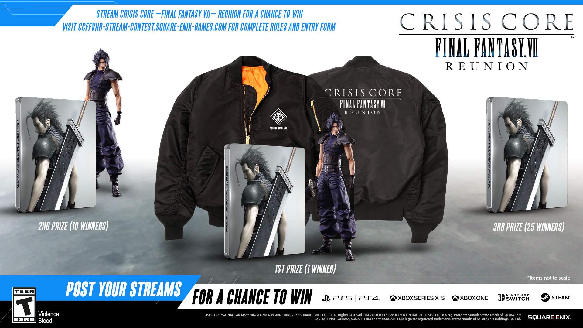 1st, 2nd, and 3rd prize shown for the Crisis Core streaming contest.