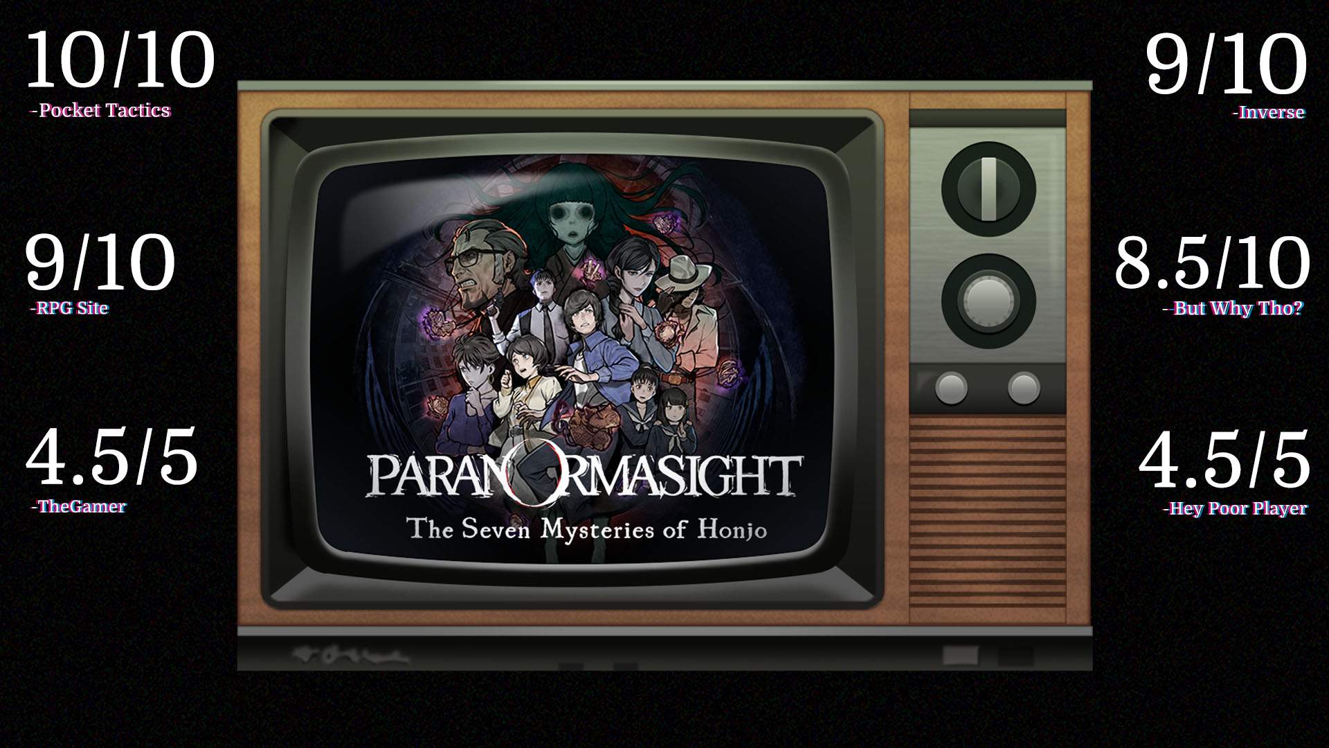 A TV set showing characters from PARANORMASIGHT, surrounded by reviewer quotes.