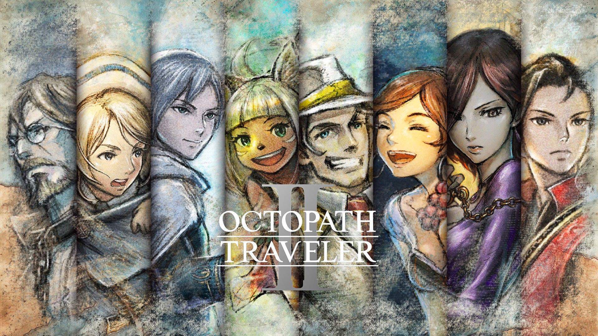Les huit personnages du jeu derrière les logos d'Octopath Traveler II et des plateformes