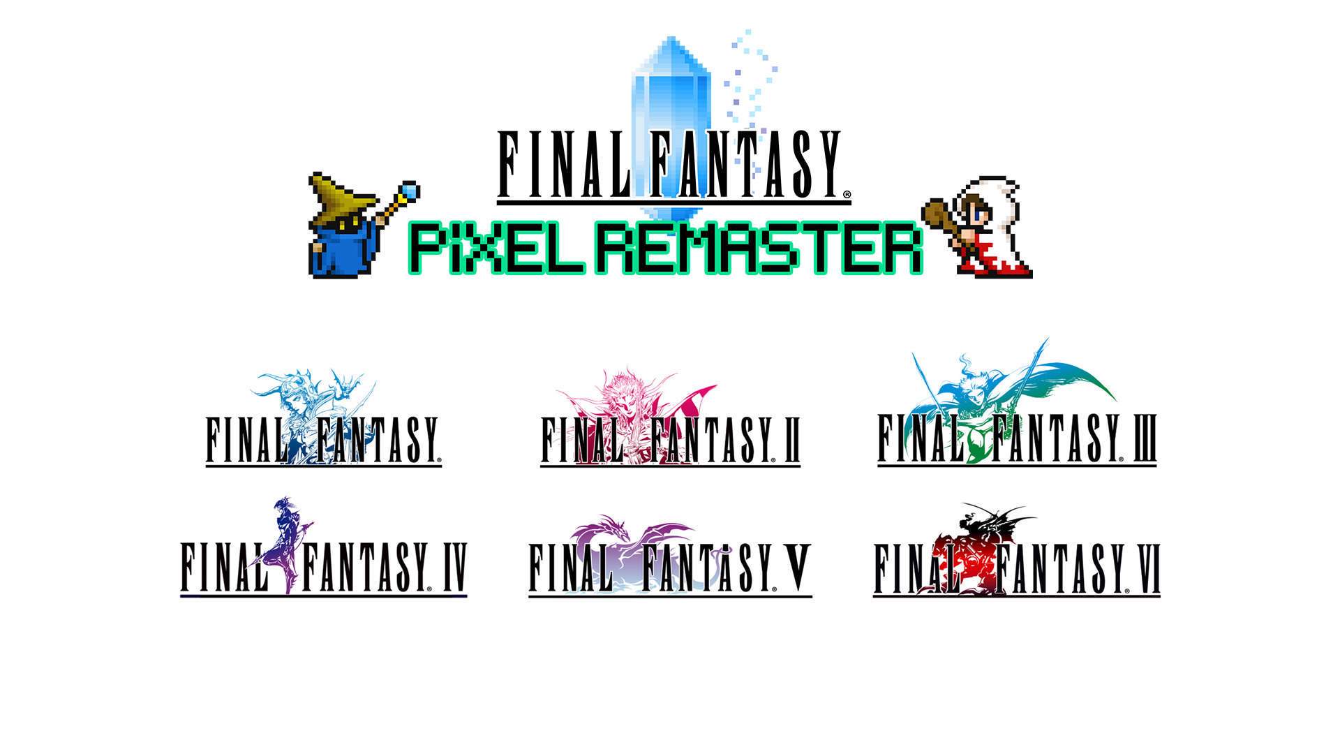 Logo FINAL FANTASY Pixel Remaster affiché au centre & au-dessus sont des logos de FINAL FANTASY I-VI