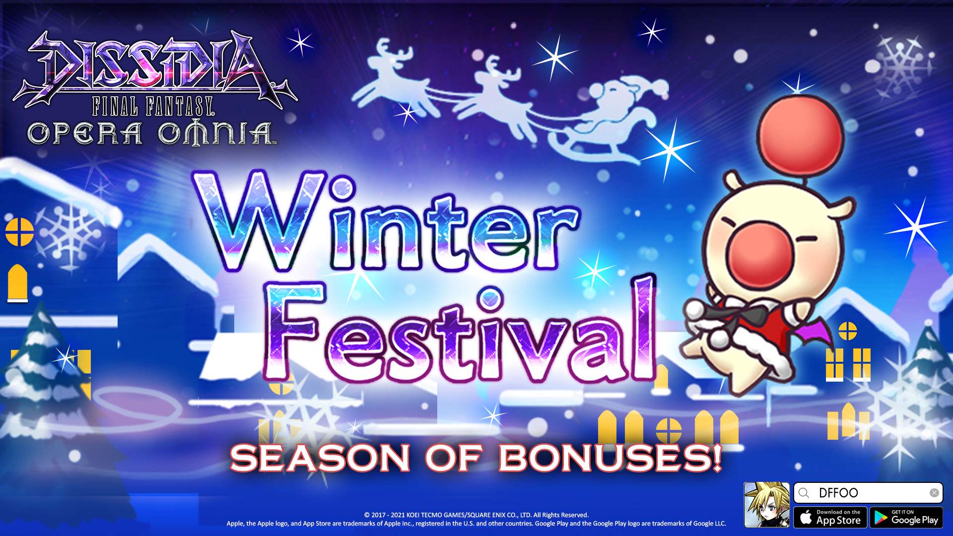 Moogle in a winter outfit greets players for the Winter Festival