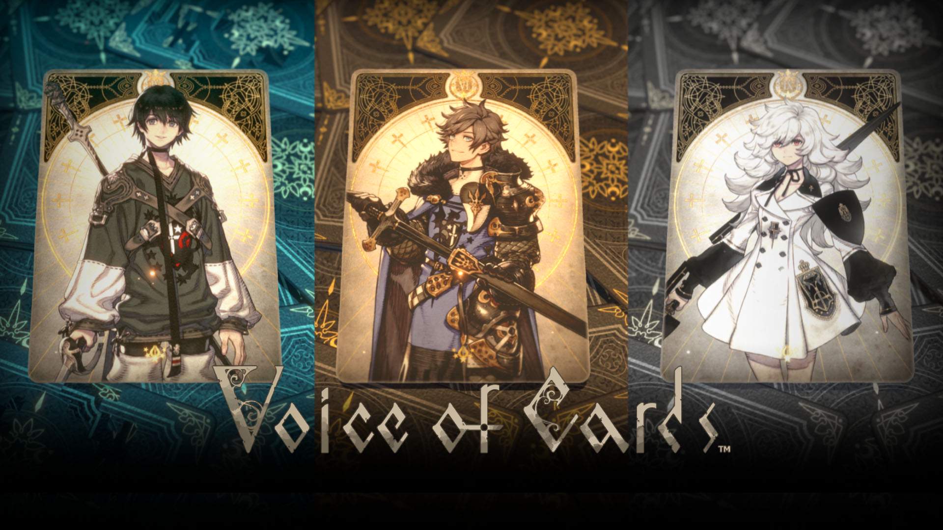 Drei Spielkarten mit jeweils einer Illustration aus den drei Voice of Cards-Spielen plus Logo.