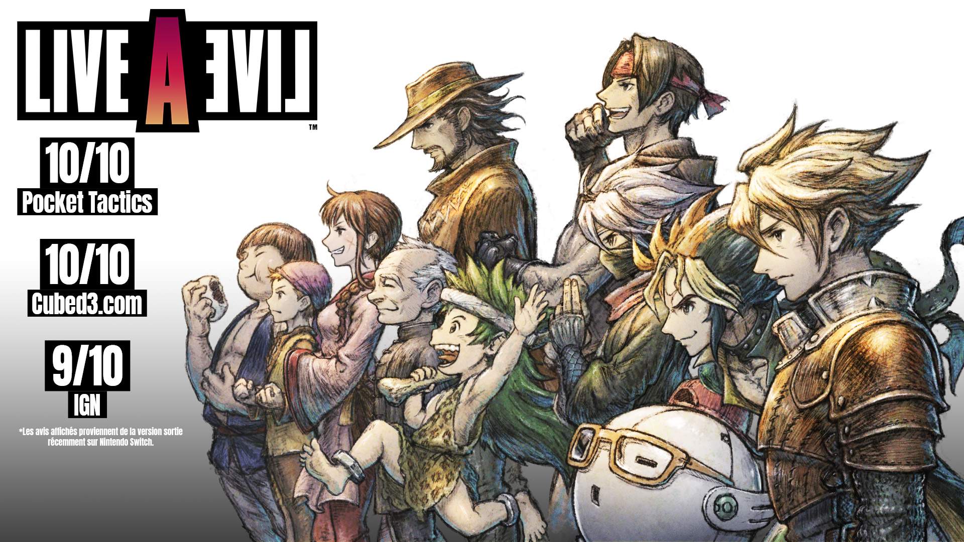 Illustration promotionnelle des personnages de LIVE A LIVE, avec le logo du jeu devant eux