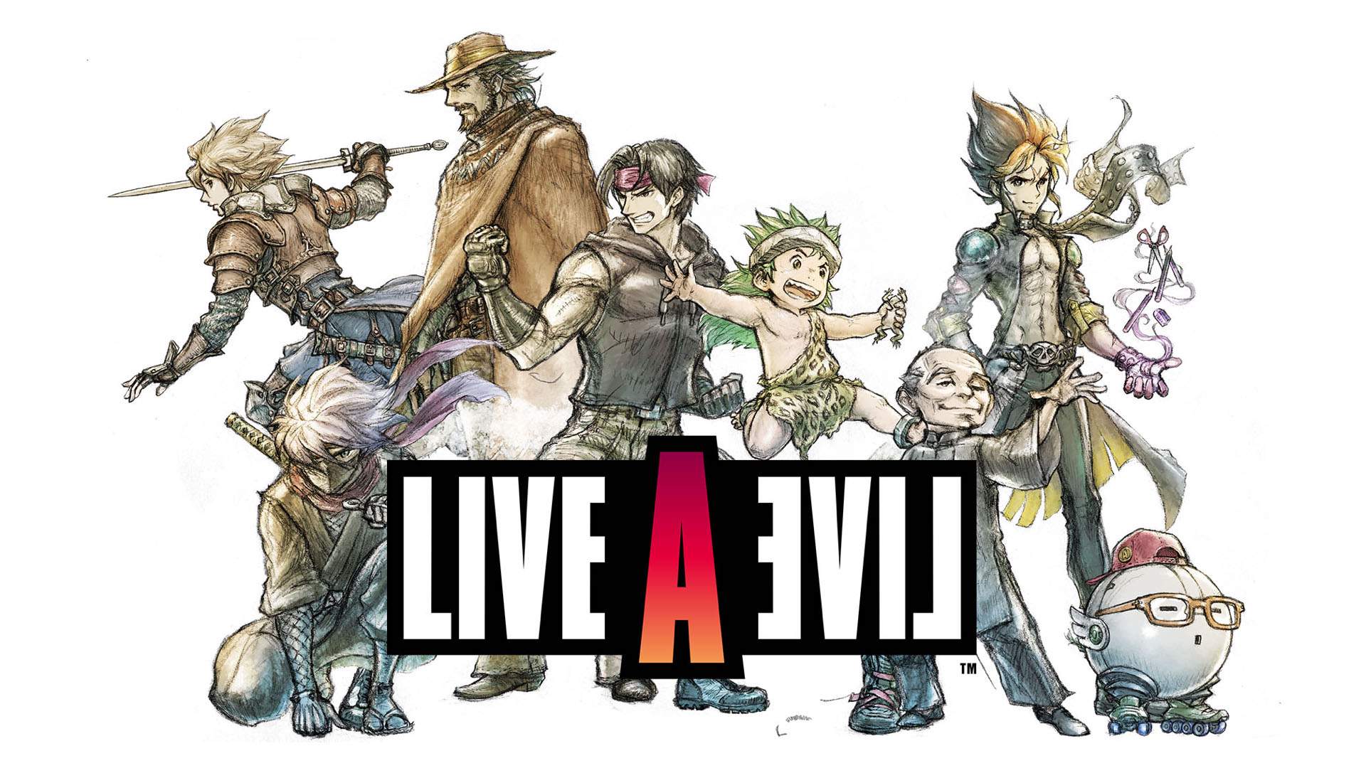 Illustration promotionnelle des personnages de LIVE A LIVE, avec le logo du jeu devant eux