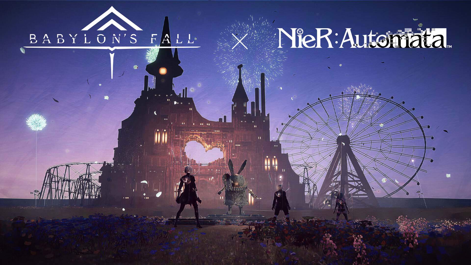 Quatre personnages de NieR:Automata regardent un parc d'attraction abandonné. 