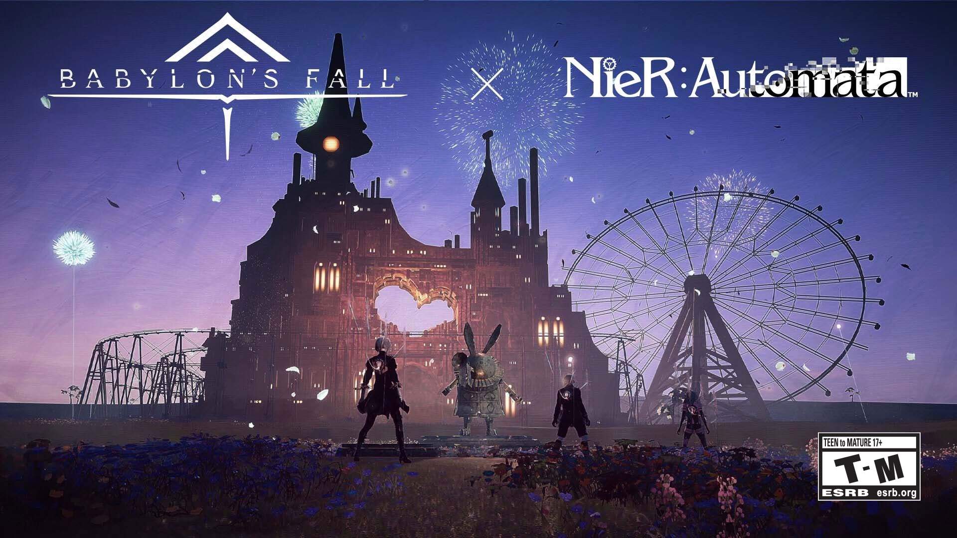 Four NieR:Automata characters looking at an Abandoned Amusement Park 