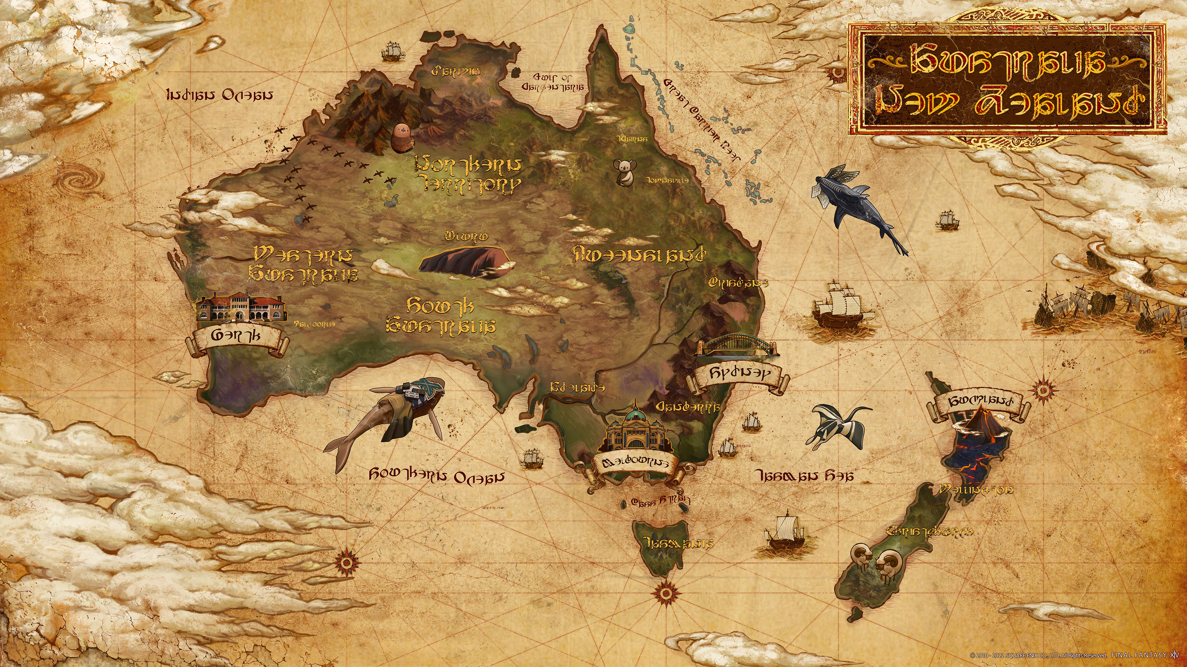 a map of Australia and New Zealand has been lovingly rendered in the style ...