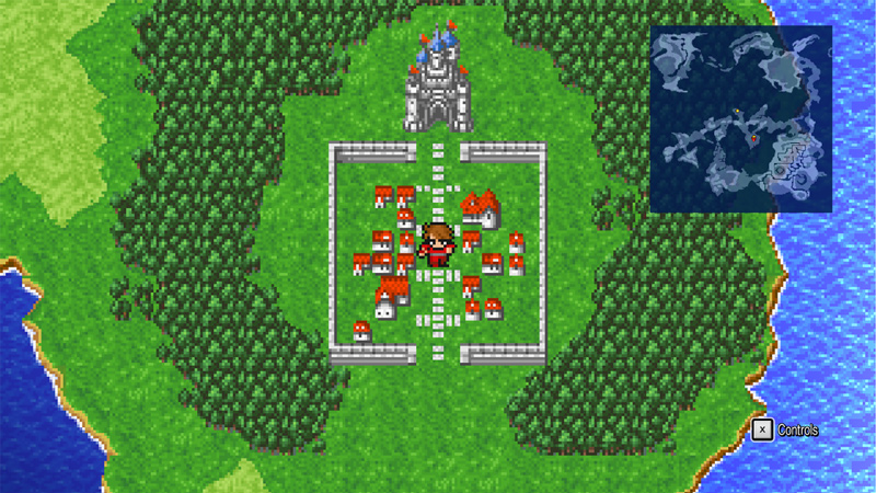 Gameplay of the World map as we see a character (Fighter) standing in the center of a town with a Castle at the top