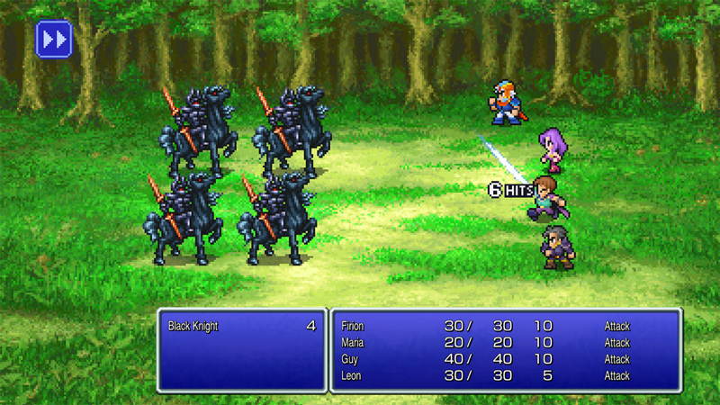 Gameplay d'un combat montrant les quatre protagonistes de FINAL FANTASY 2 affrontant un groupe de chevaliers noirs dans une forêt.