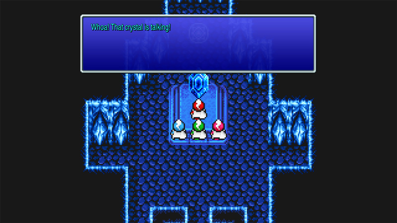 Gameplay showing the 4 protagonists of FINAL FANTASY III in a cavern in front of a crystal, with a text box on screen: 'Whoa! That crystal is talking!'